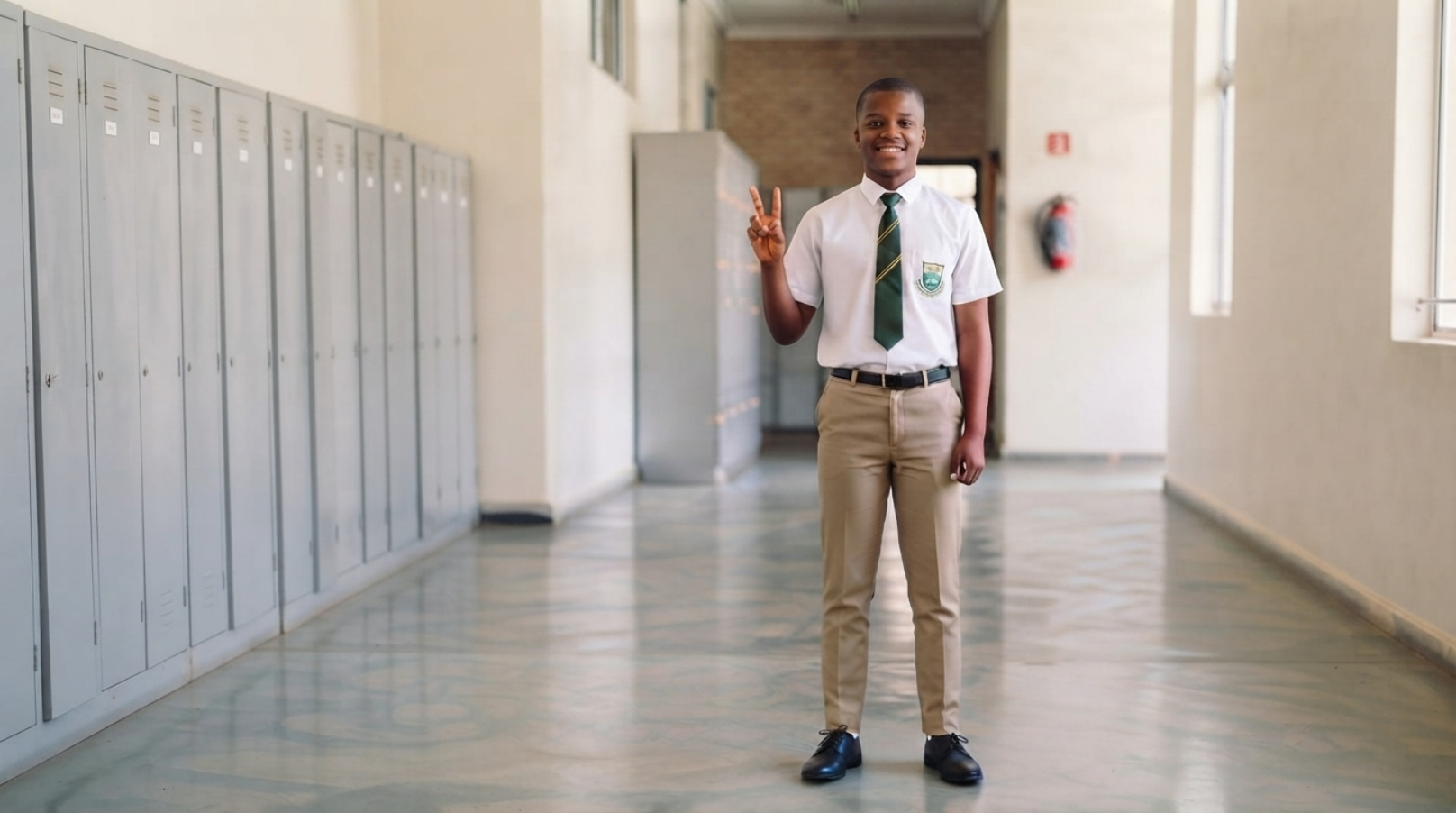 iLearning school boy smiling and making a peace sign in uniform