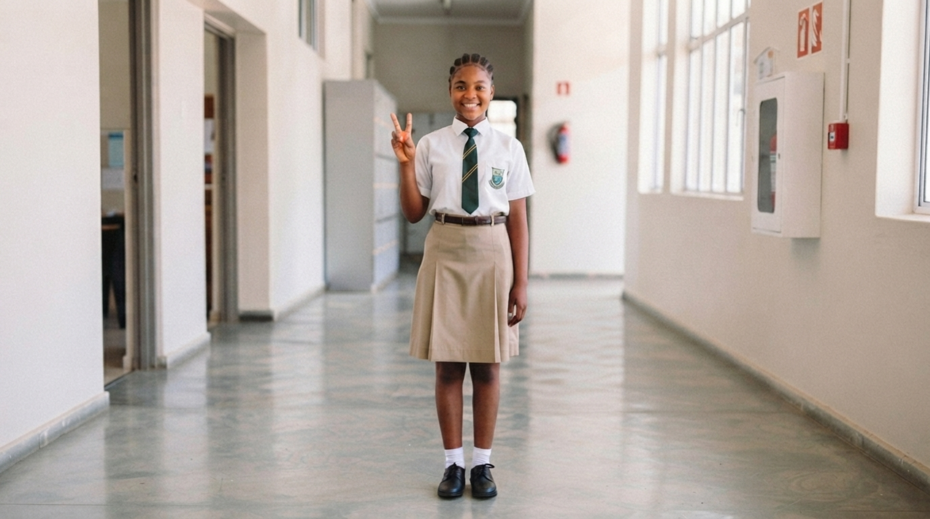 iLearning school girl smiling and making a peace sign in uniform