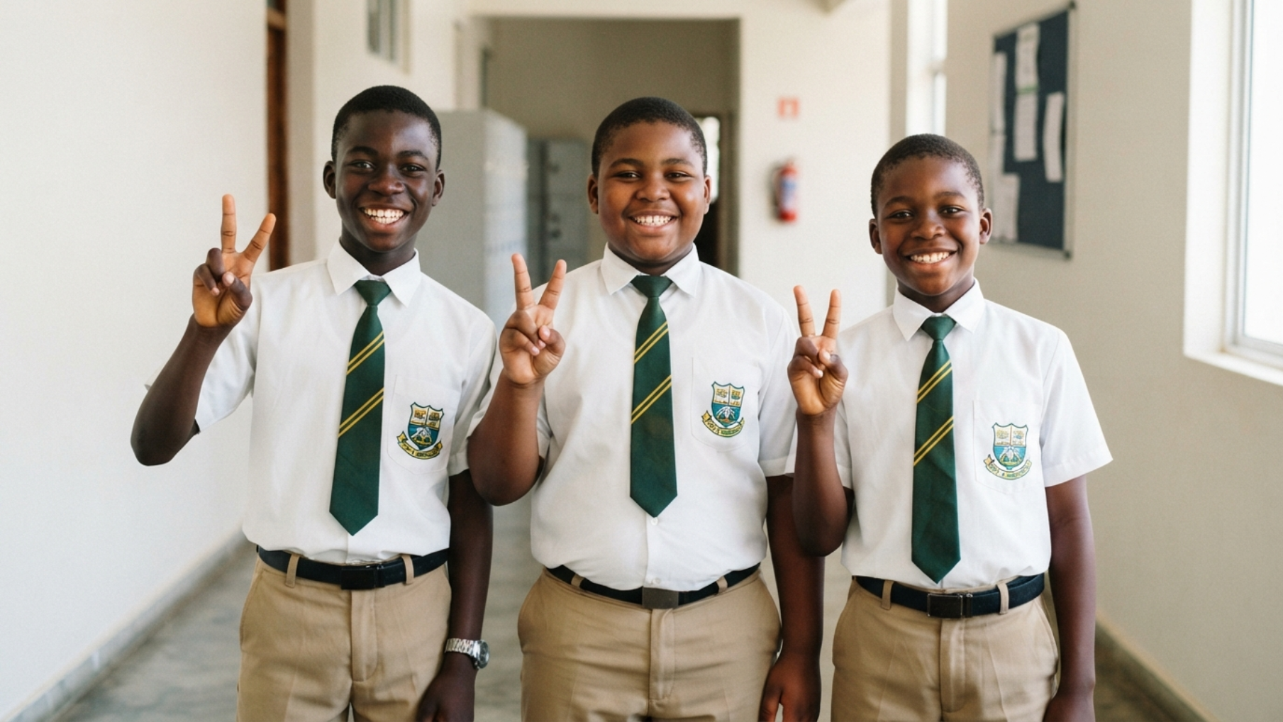 iLearning school boys smiling and making peace signs outside