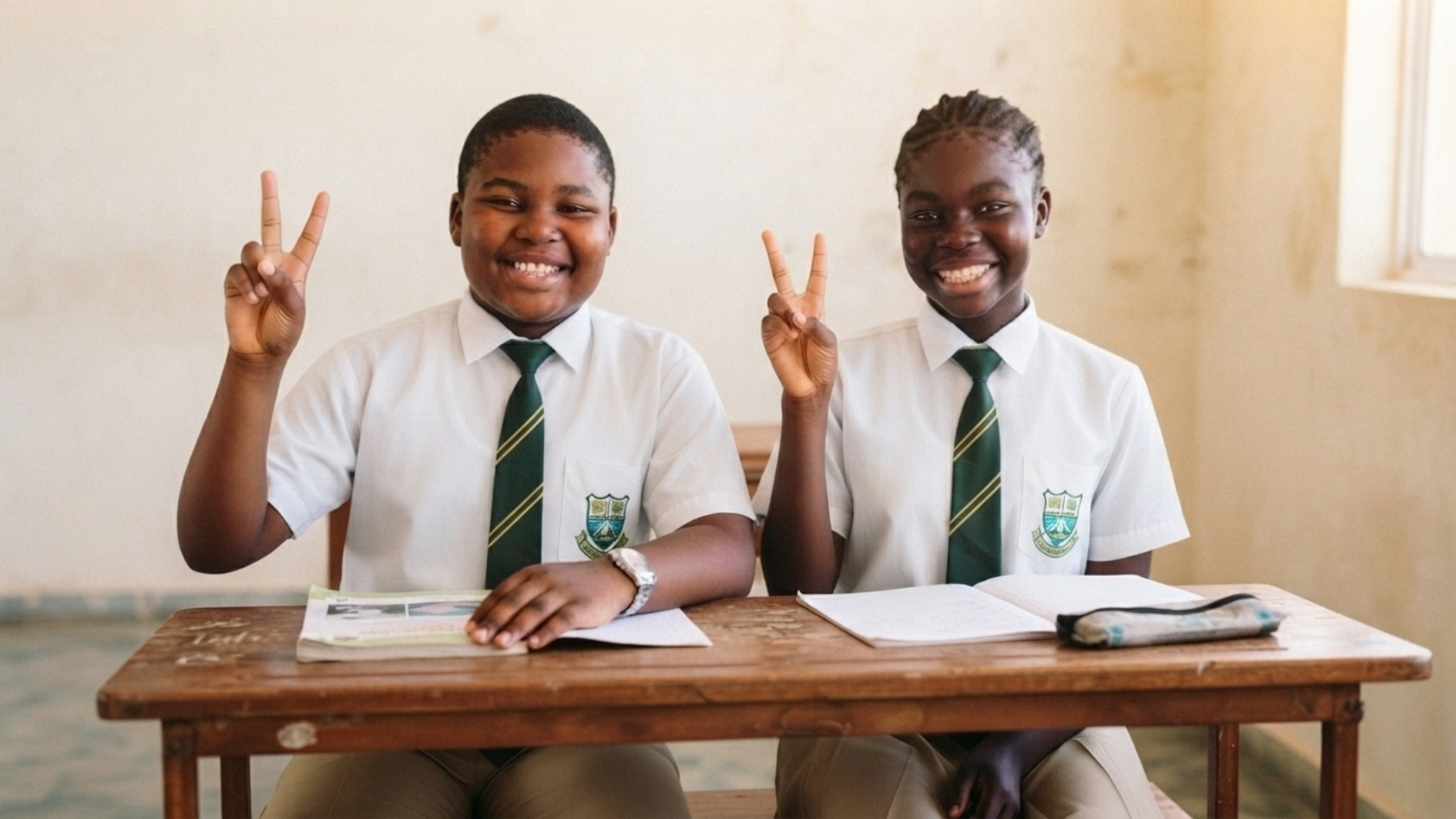 iLearning students in school uniforms making peace signs together